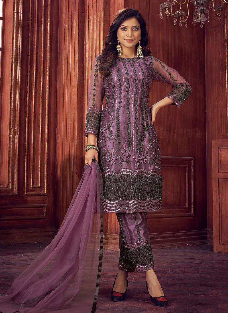 Lavender Designer Pakistani Embroidered Pant Style Suit