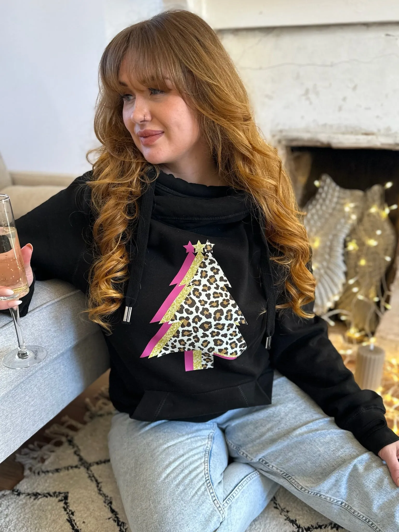 Leopard & Pink Christmas Tree Trio Luxe Hoodie - Black