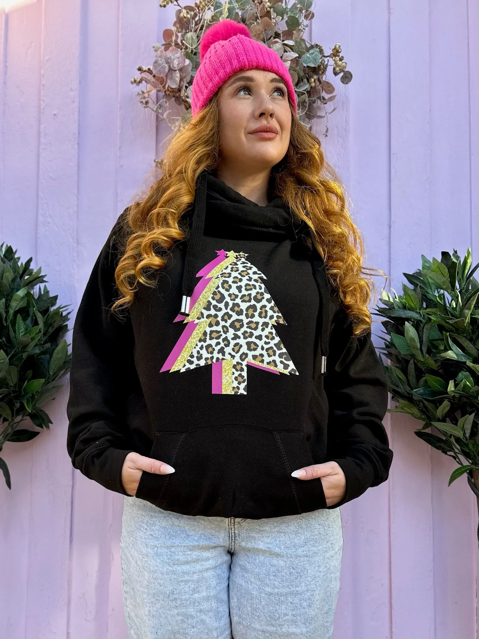 Leopard & Pink Christmas Tree Trio Luxe Hoodie - Black