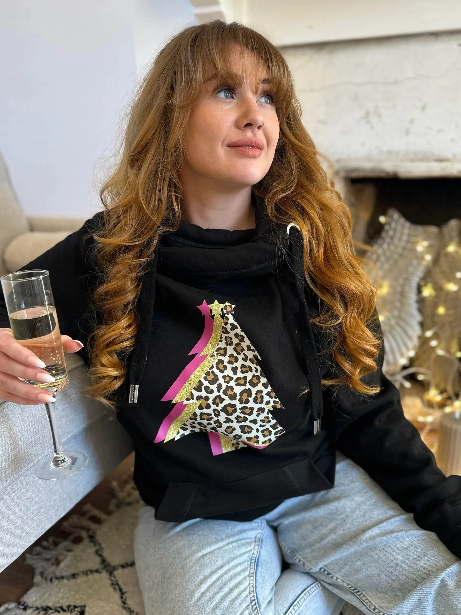 Leopard & Pink Christmas Tree Trio Luxe Hoodie - Black