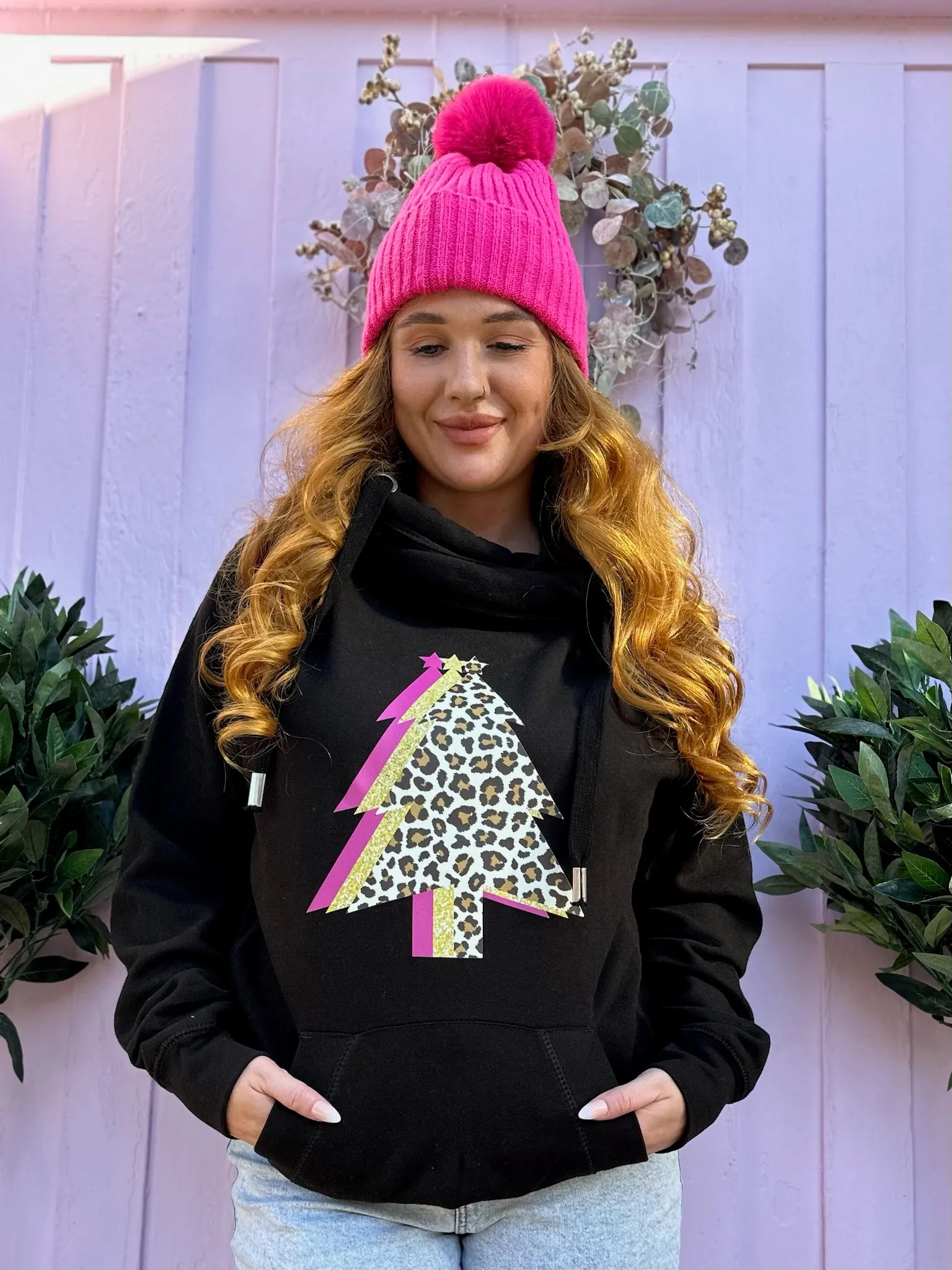 Leopard & Pink Christmas Tree Trio Luxe Hoodie - Black