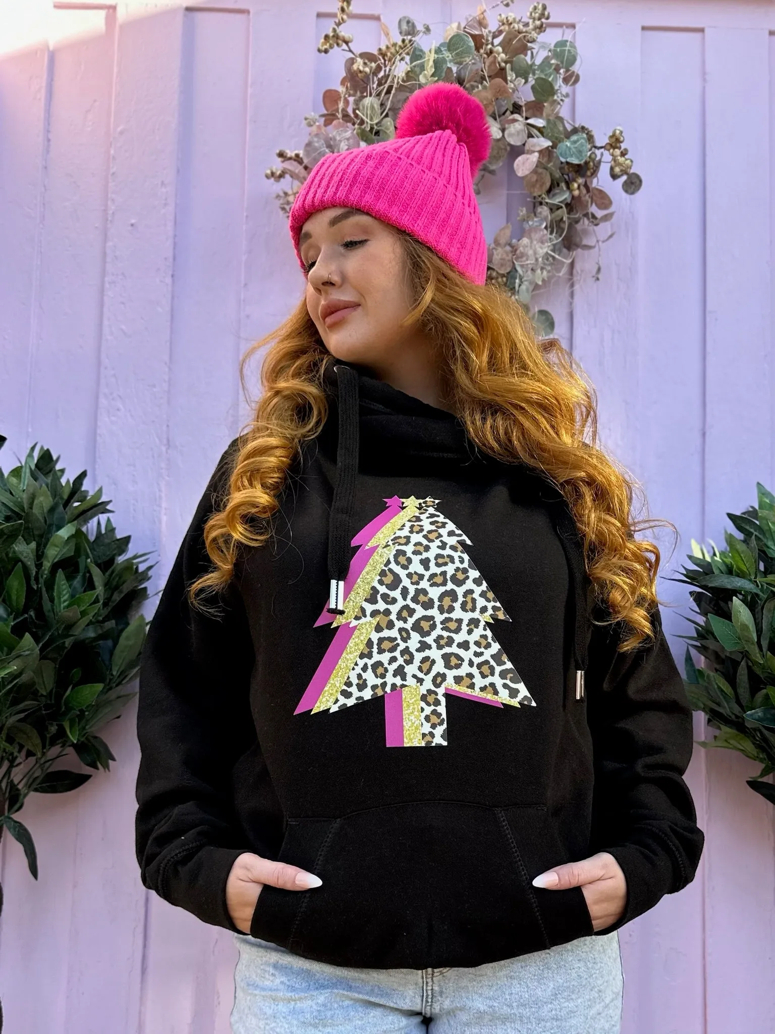 Leopard & Pink Christmas Tree Trio Luxe Hoodie - Black