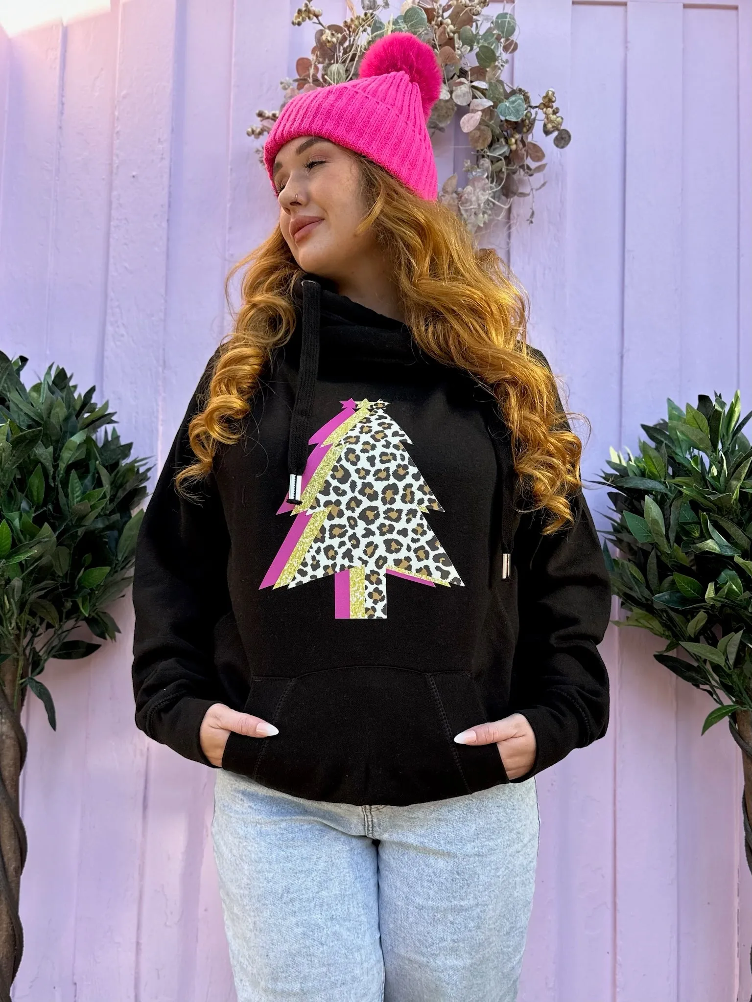 Leopard & Pink Christmas Tree Trio Luxe Hoodie - Black