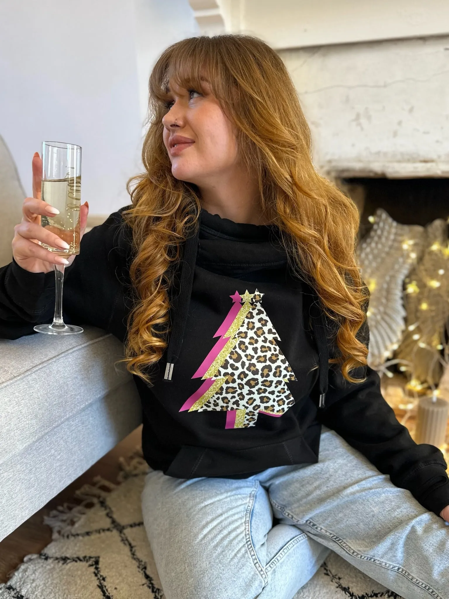 Leopard & Pink Christmas Tree Trio Luxe Hoodie - Black