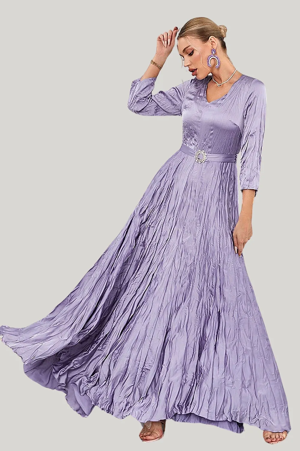 Lilac Pleated A Line Long Sleeves Maxi Dress