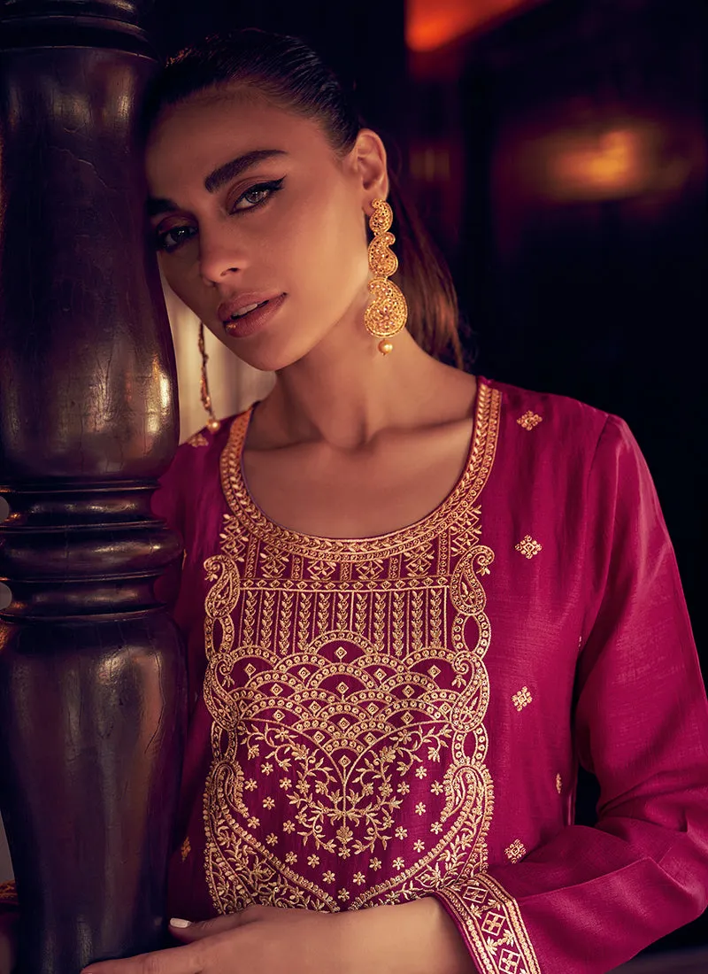 Magenta Sequence Embroidery Traditional Palazzo Suit