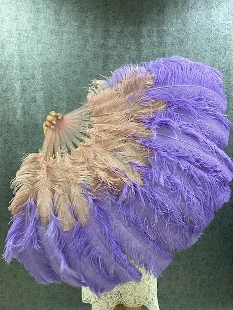 Mix beige wood & aqua violet 2 Layers Ostrich Feather Fan 30''x 54'' with Travel leather Bag