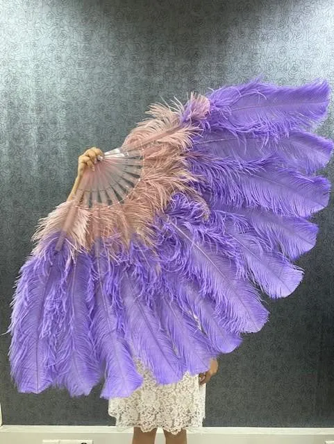 Mix beige wood & aqua violet 2 Layers Ostrich Feather Fan 30''x 54'' with Travel leather Bag