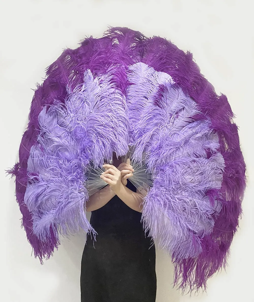 Mix dark purple & aqua violet XL 2 Layer Ostrich Feather Fan 34''x 60'' with Travel leather Bag