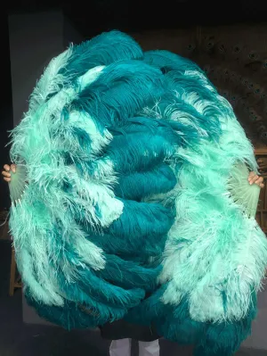 Mix Teal & mint XL 2 Layer Ostrich Feather Fan 34''x 60'' with Travel leather Bag