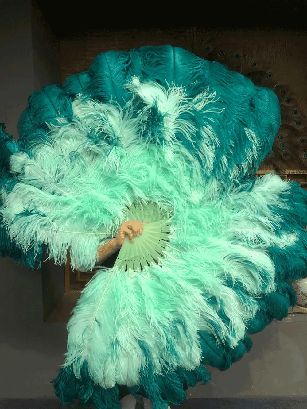 Mix Teal & mint XL 2 Layer Ostrich Feather Fan 34''x 60'' with Travel leather Bag