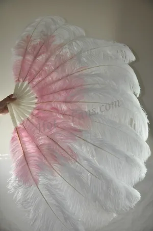 Mix white & pink 2 Layers Ostrich Feather Fan 30''x 54'' with Travel leather Bag