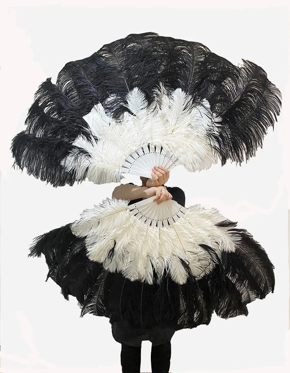 Mixed black & white 2 Layers Ostrich Feather Fan 30''x 54'' with Travel leather Bag