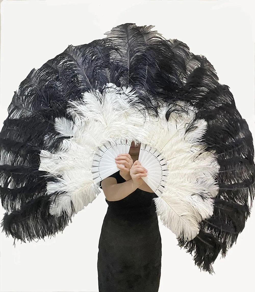 Mixed black & white 2 Layers Ostrich Feather Fan 30''x 54'' with Travel leather Bag