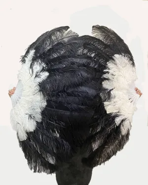 Mixed black & white 2 Layers Ostrich Feather Fan 30''x 54'' with Travel leather Bag