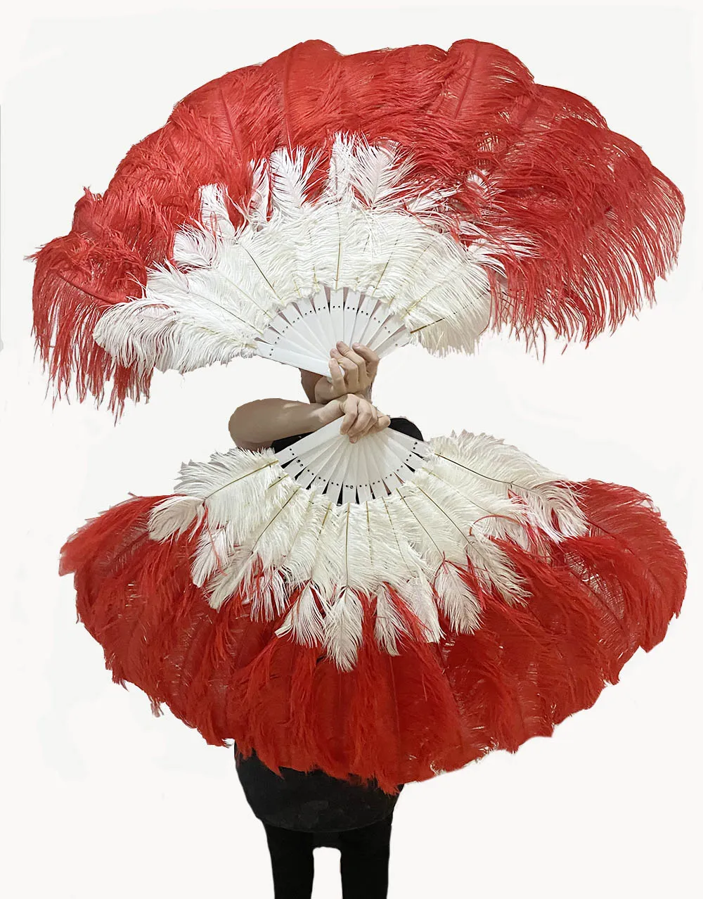 Mixed red & white 2 Layers Ostrich Feather Fan 30''x 54'' with Travel leather Bag