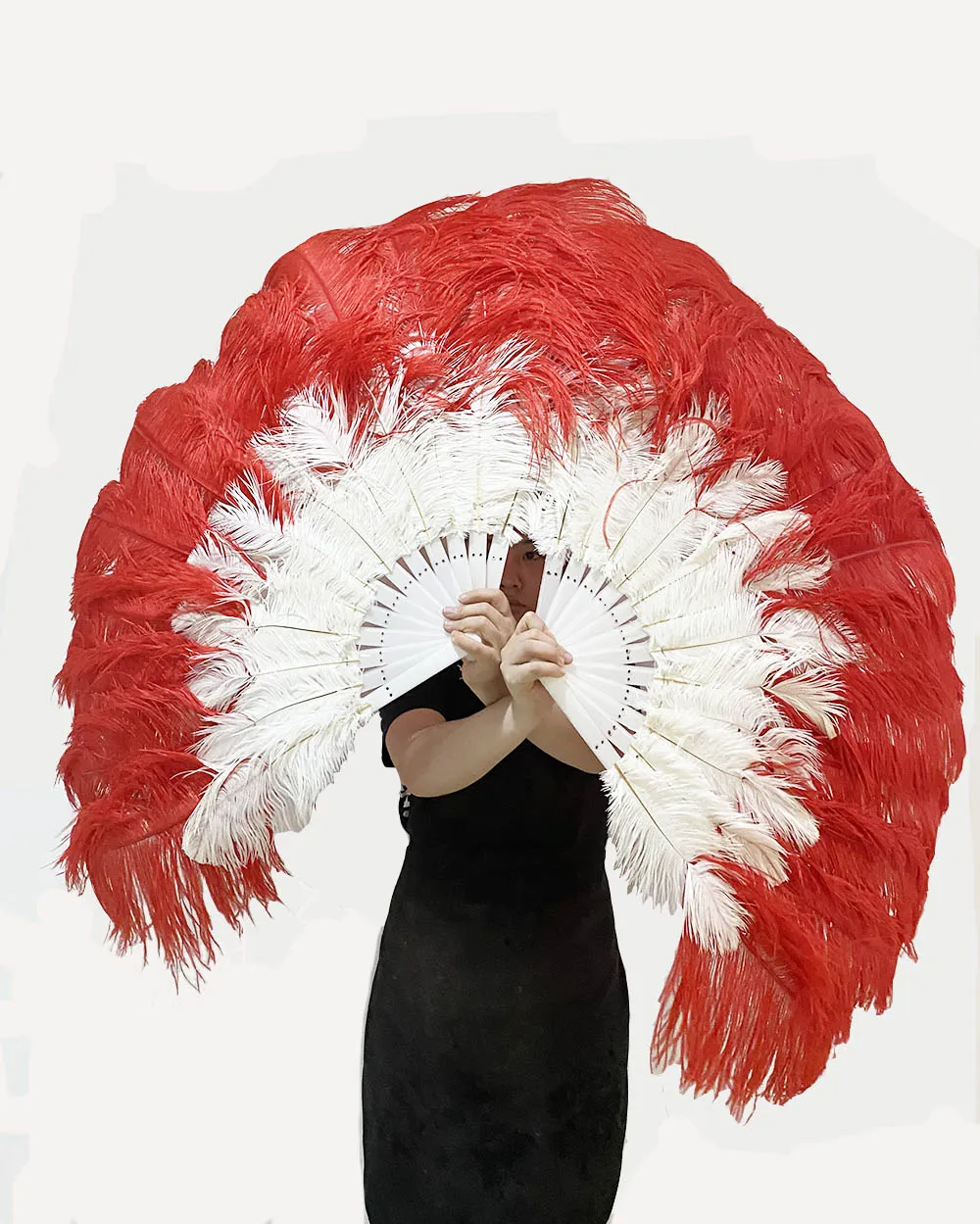 Mixed red & white 2 Layers Ostrich Feather Fan 30''x 54'' with Travel leather Bag