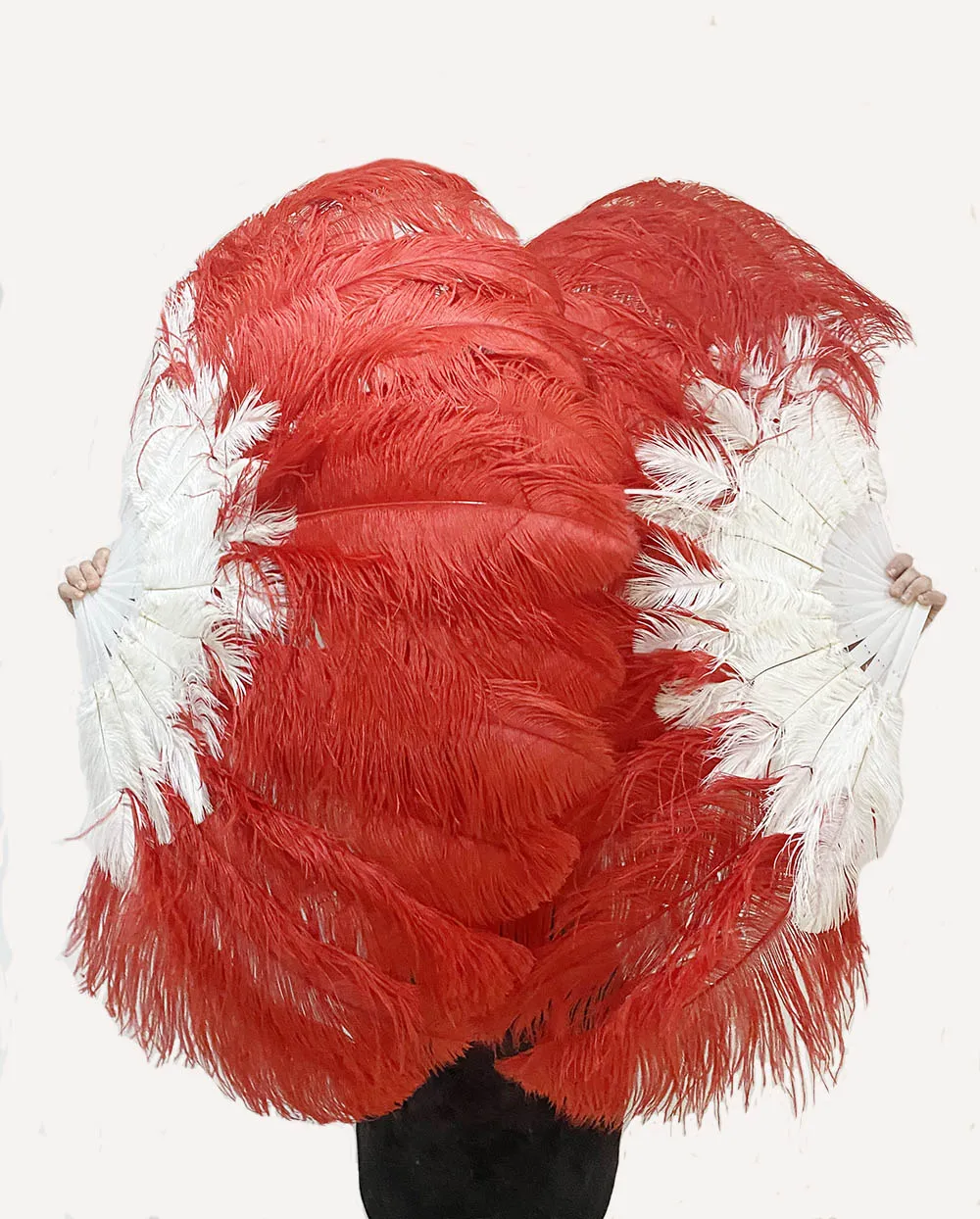 Mixed red & white 2 Layers Ostrich Feather Fan 30''x 54'' with Travel leather Bag