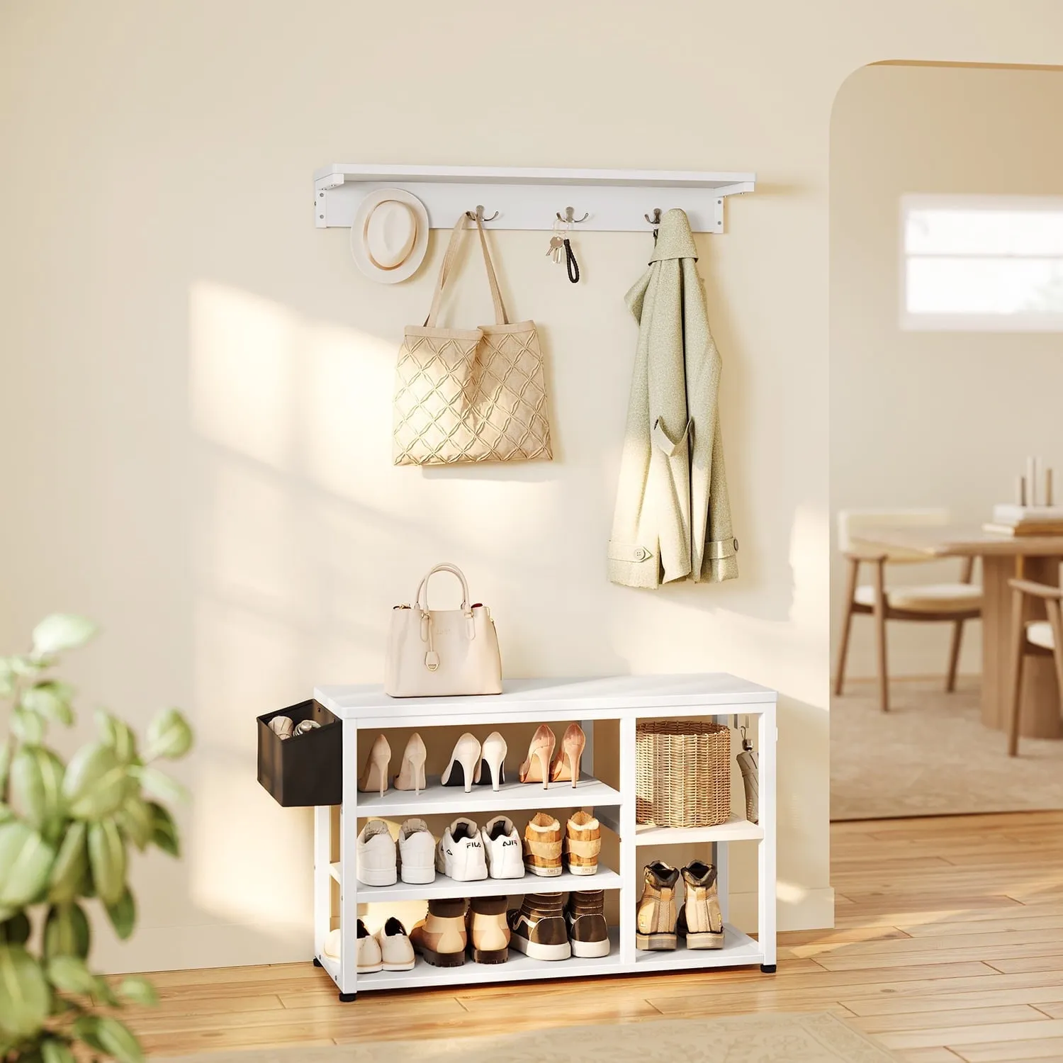 Freestanding Farmhouse-Style Hall Tree with Bench - Modern White Coat Rack Integrated with Shoe Storage and 6 Hooks for Hallways