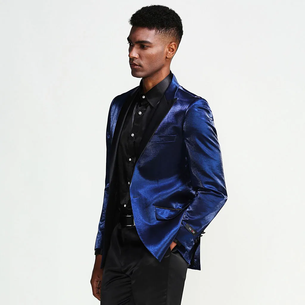 Navy Prom Tuxedo Jacket -  Shiny Slim With Black Lapel