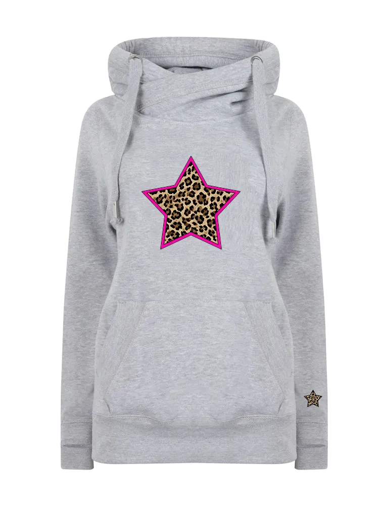 Neon Pink & Leopard Star Luxe Hoodie - Grey