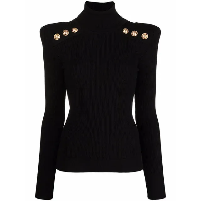 New Classic Turtlenecks Pullovers Long Sleeve Gold Buckle Sweater Women Winter Fall Casual Elasticity Knitting Top