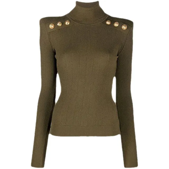 New Classic Turtlenecks Pullovers Long Sleeve Gold Buckle Sweater Women Winter Fall Casual Elasticity Knitting Top