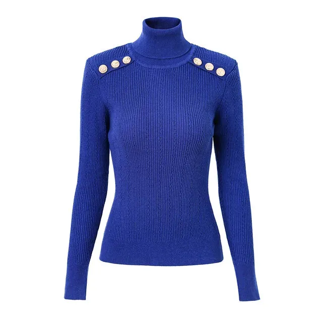 New Classic Turtlenecks Pullovers Long Sleeve Gold Buckle Sweater Women Winter Fall Casual Elasticity Knitting Top