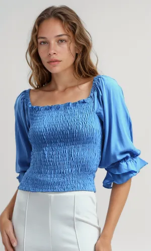 O179197 Off-Shoulders Feminine Turquoise Elastic Top