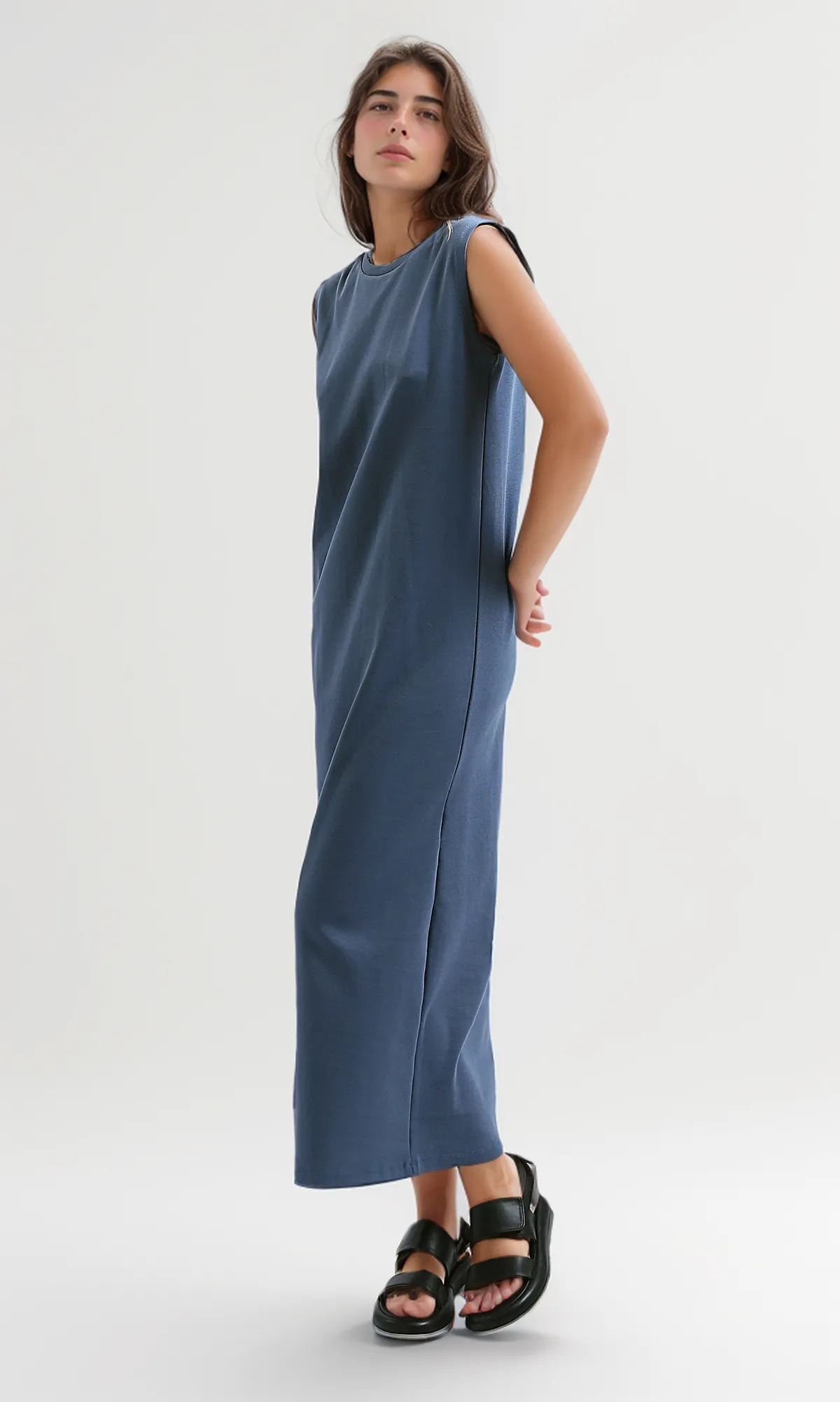 O197717 Sleeveless Solid Feminine Midi Dress - Jeans Blue