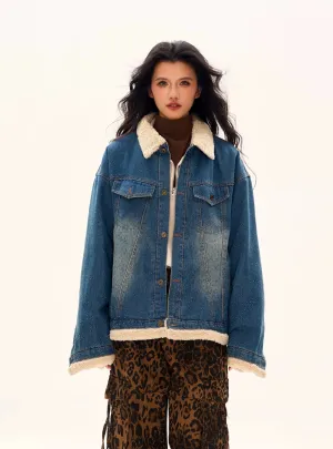 Oversized Shearling Trim Faded Denim Jacket with Stud Details