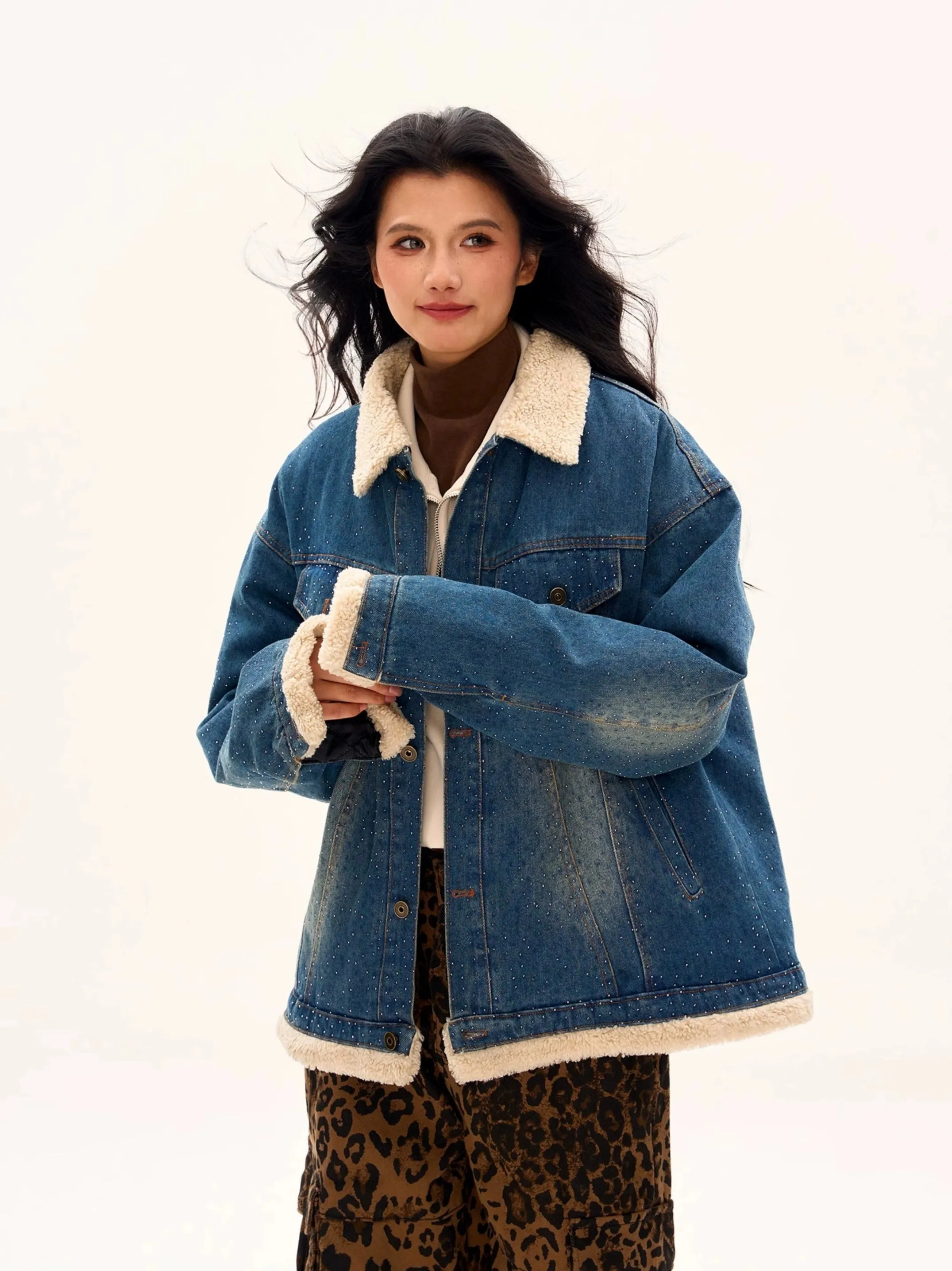 Oversized Shearling Trim Faded Denim Jacket with Stud Details