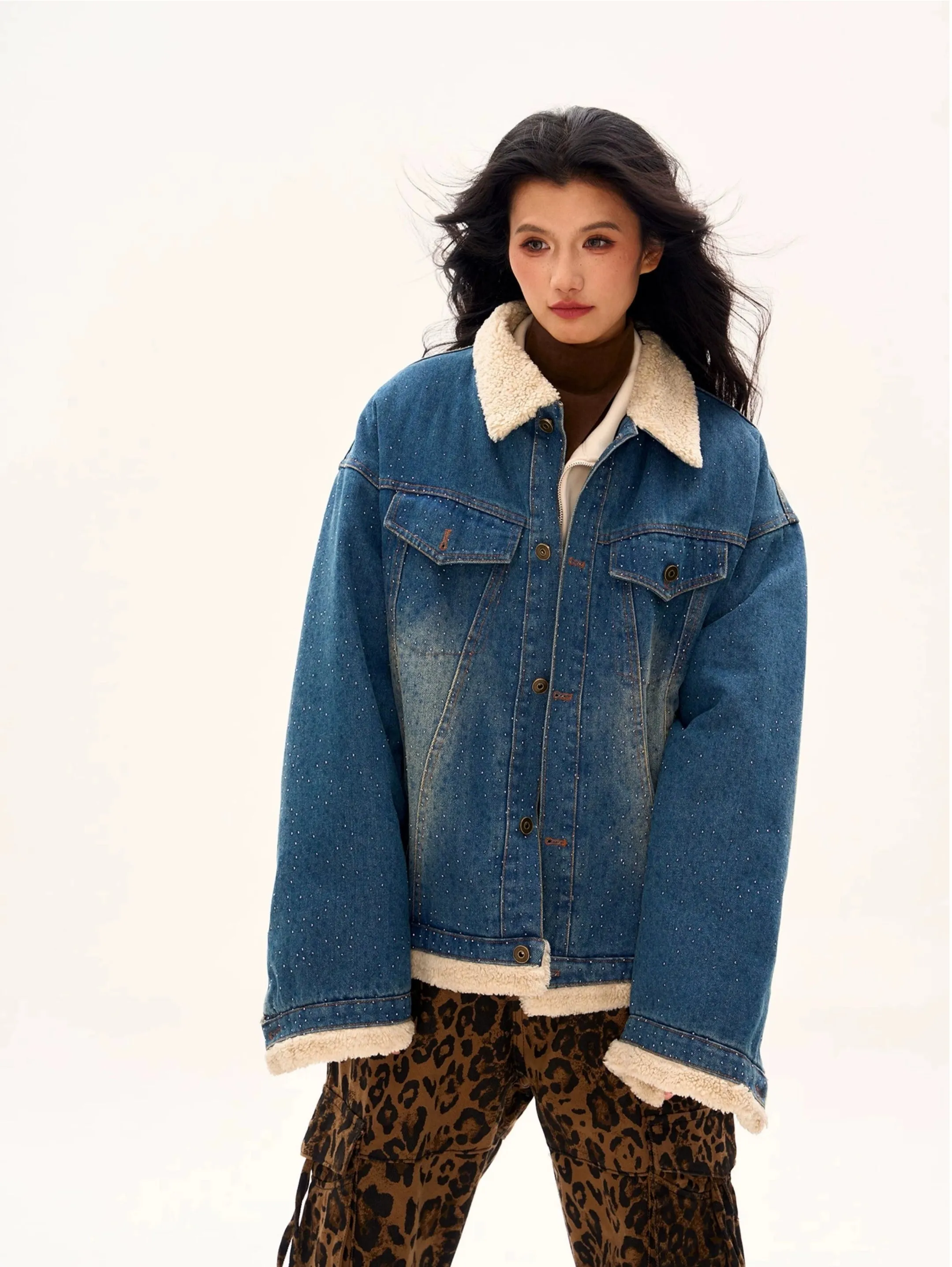 Oversized Shearling Trim Faded Denim Jacket with Stud Details