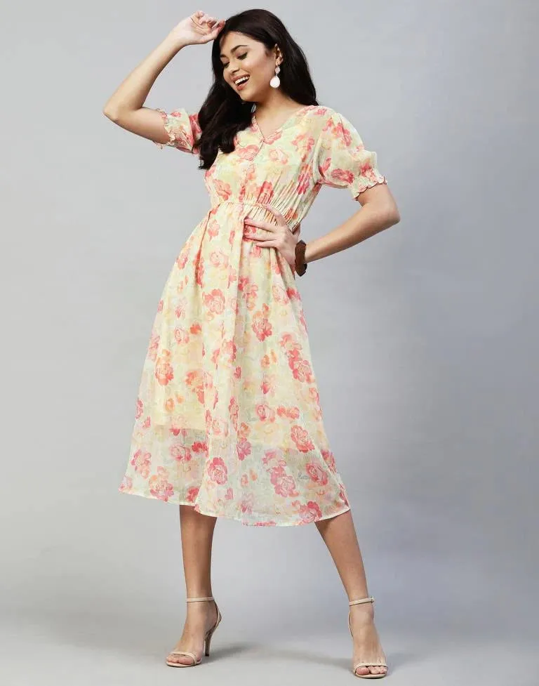 Pastel Yellow Printed Chiffon Flared Dress | Women