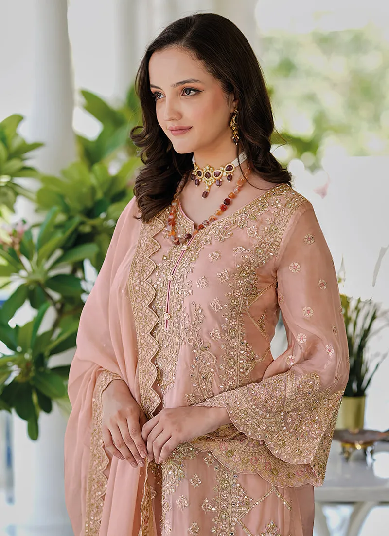 Peach Embroidery Traditional Pant Style Suit