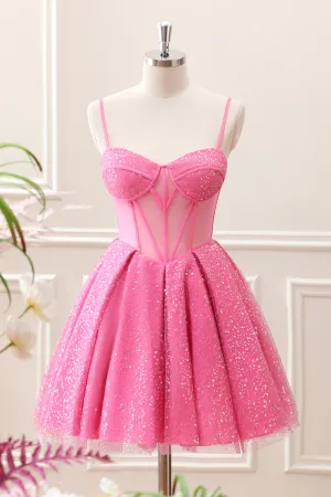 Pink A-Line Spaghetti Straps Corset Mini Dress with Sequins