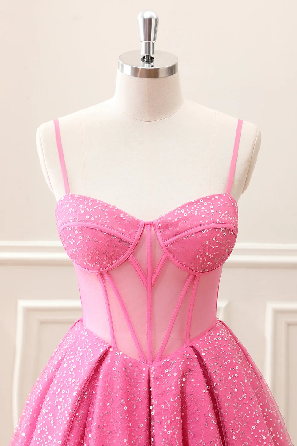 Pink A-Line Spaghetti Straps Corset Mini Dress with Sequins