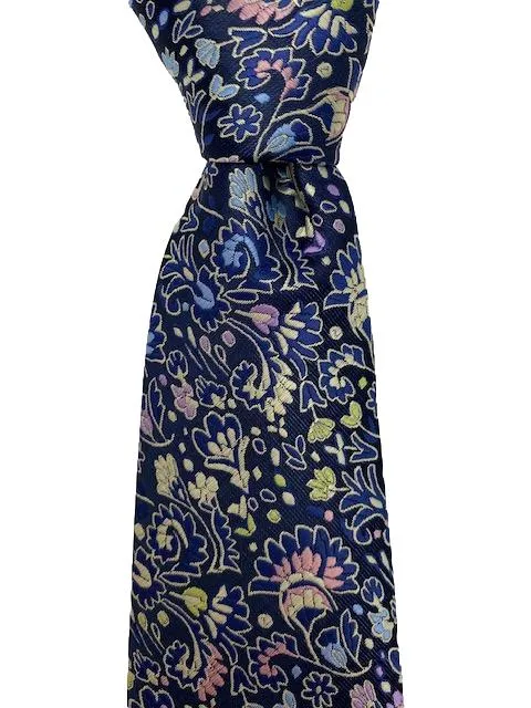 Pink, Blue, Green & Gold Mini-Floral Navy Blue Necktie