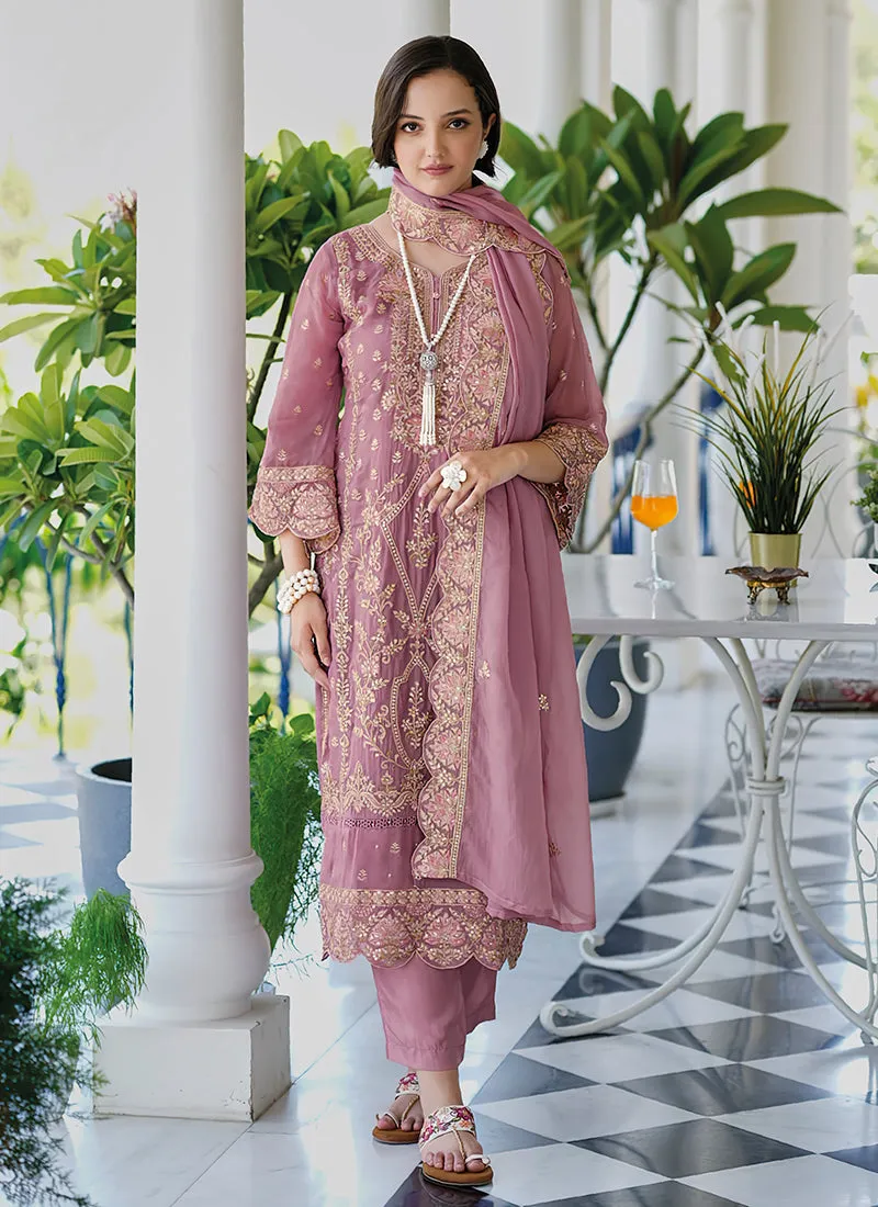 Pink Embroidery Traditional Pant Style Suit