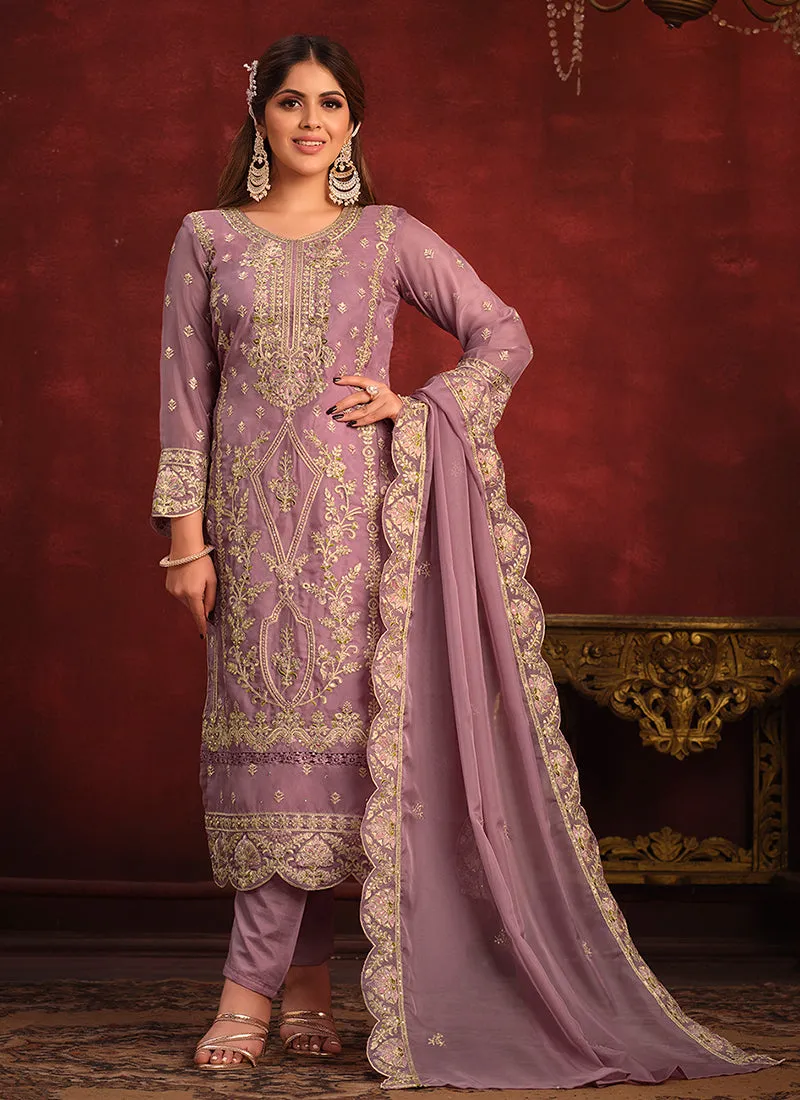 Purple Embroidery Designer Pant Style Suit