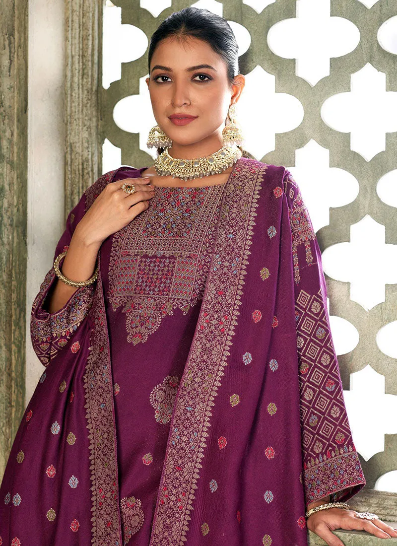 Purple Multi Embroidery Pashmina Salwar Kameez Suit