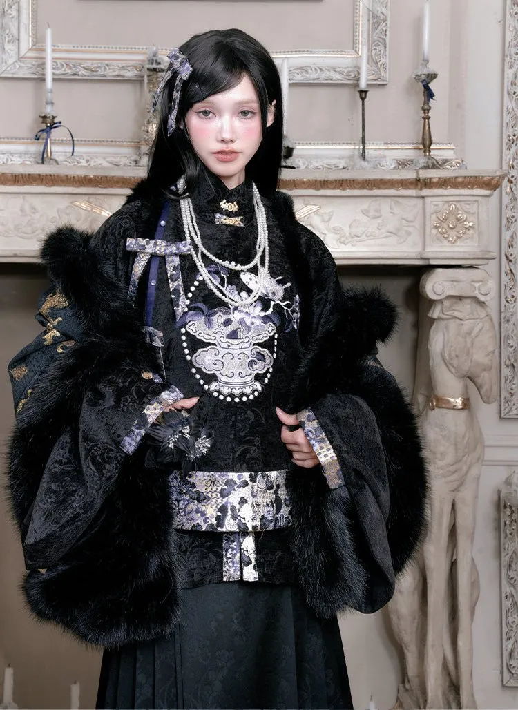 Qinghua Dianmo 青花点墨 Porcelain Ink Modern Ming Bijia Vest & Mamian Skirt Set