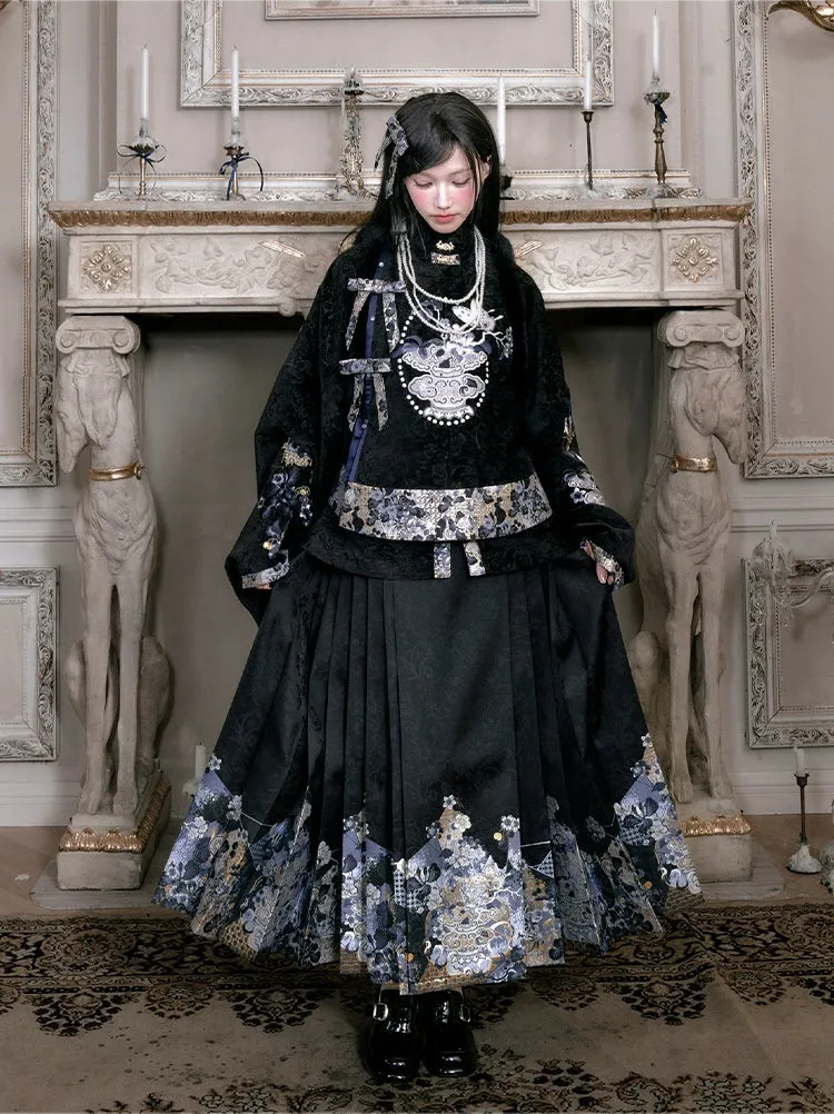 Qinghua Dianmo 青花点墨 Porcelain Ink Modern Ming Bijia Vest & Mamian Skirt Set