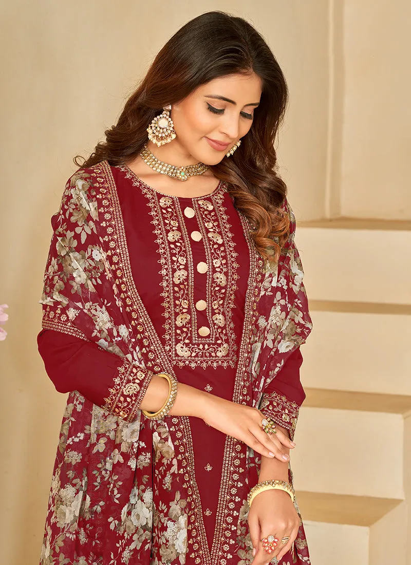 Red Embroidery Traditional Pant Style Suit