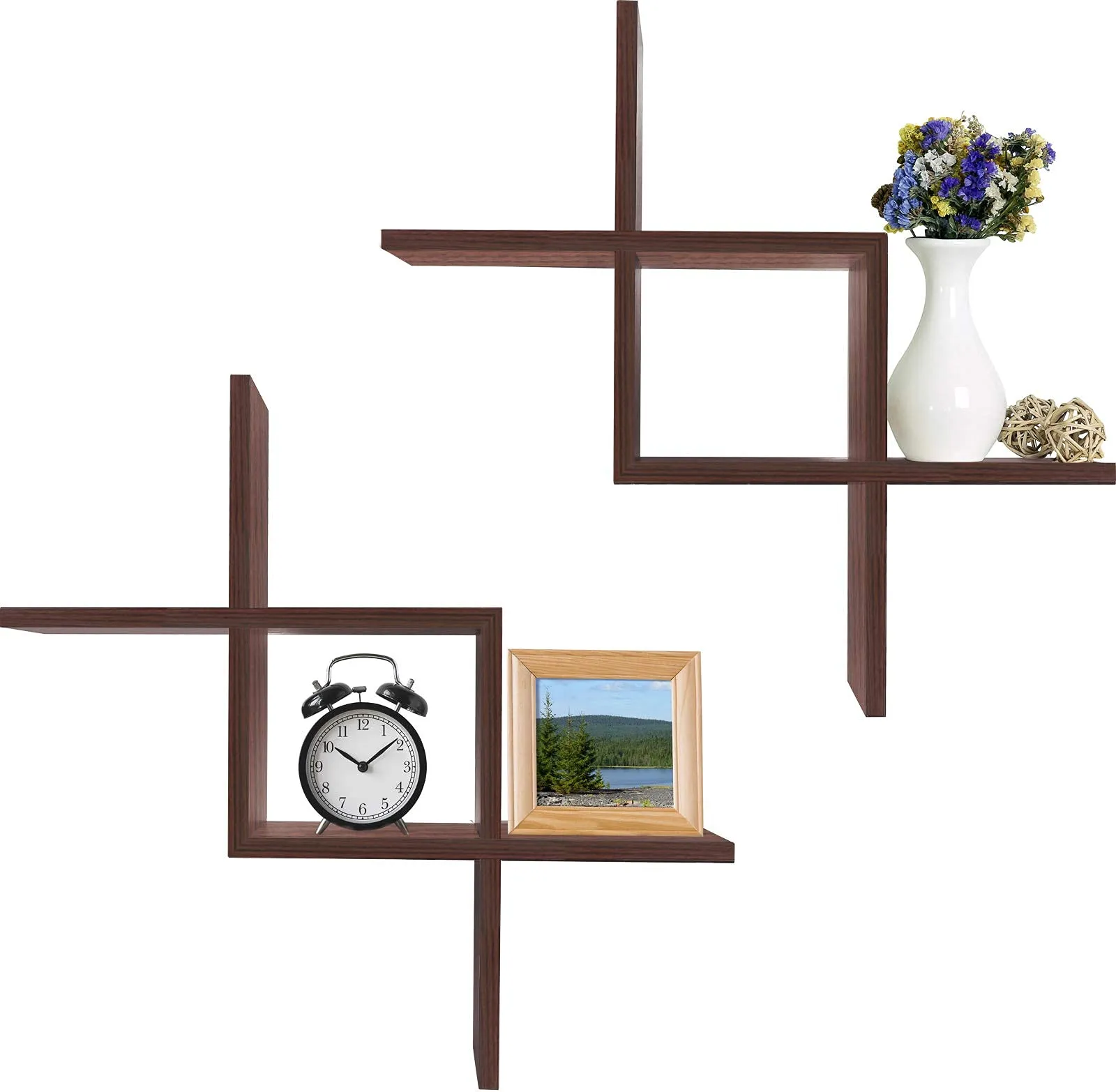 Set Of 2 Criss Cross Intersecting Wall Mounted Floating Shelves- Walnut