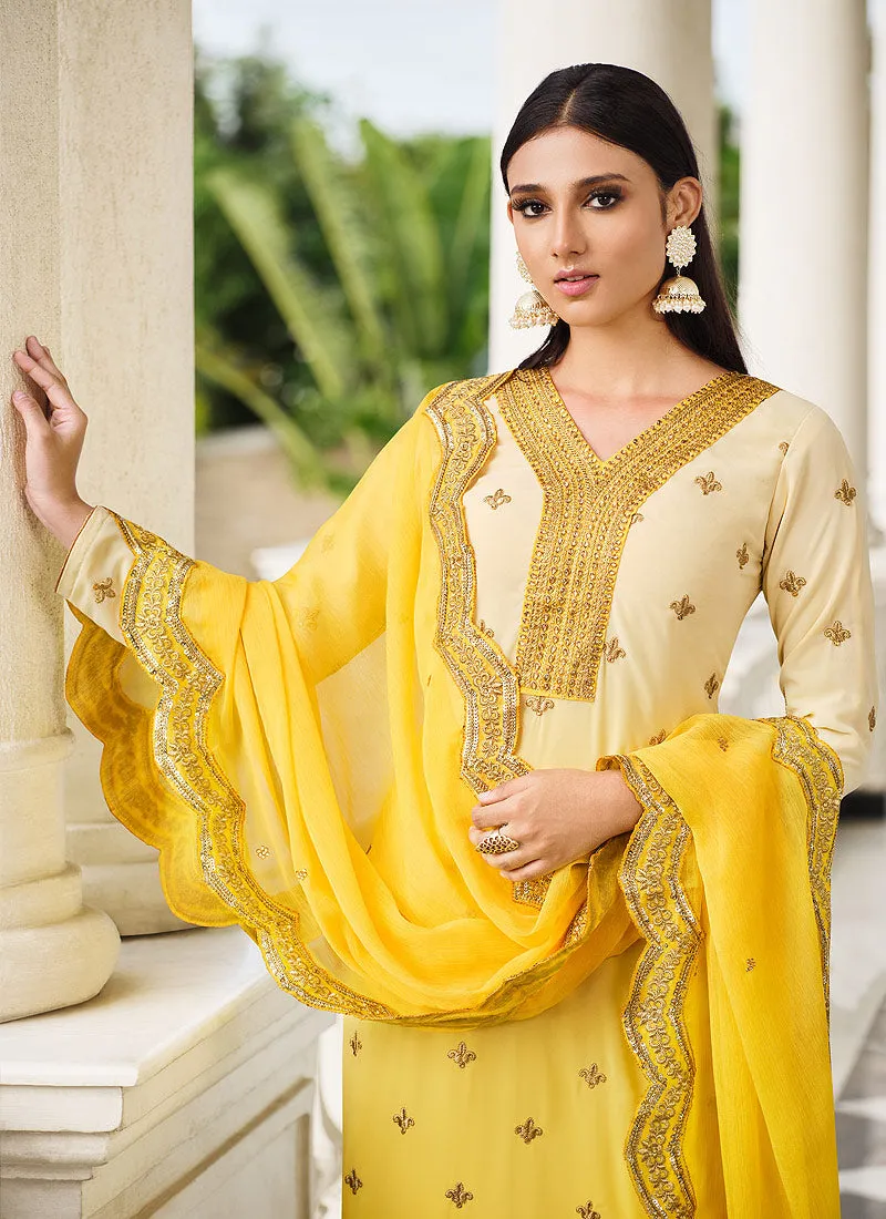 Shaded Yellow Golden Zari Embroidered Pant Style Suit