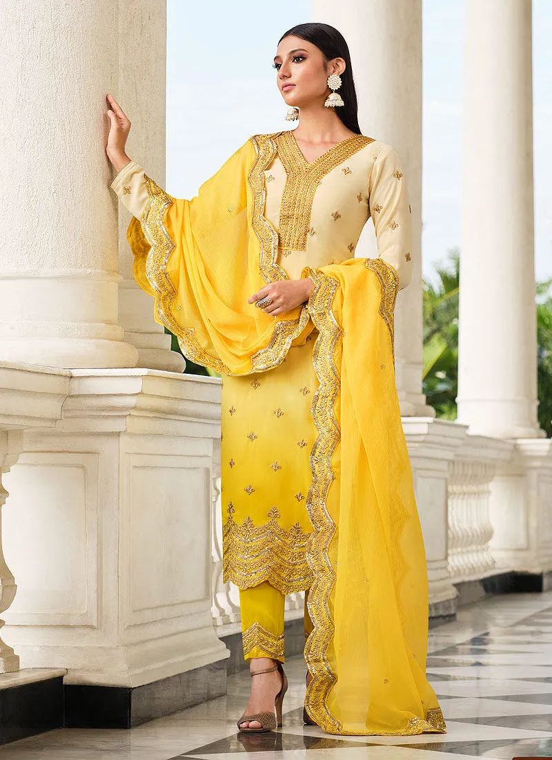 Shaded Yellow Golden Zari Embroidered Pant Style Suit