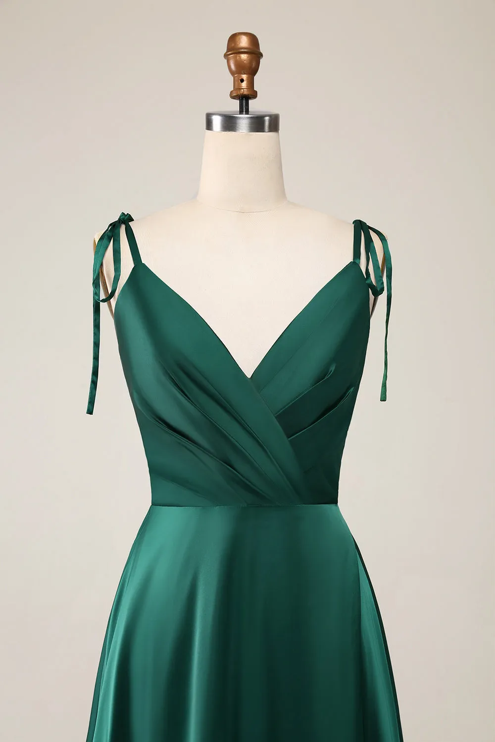 Simple Dark Green Spaghetti Straps Ruched Maxi Dress with Slit