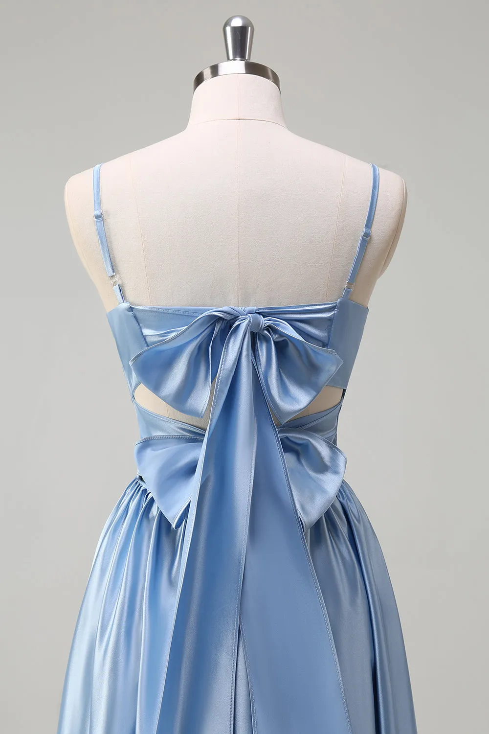 Sky Blue A Line Pleated Hollow Out Bridesmaid Dress with Bow