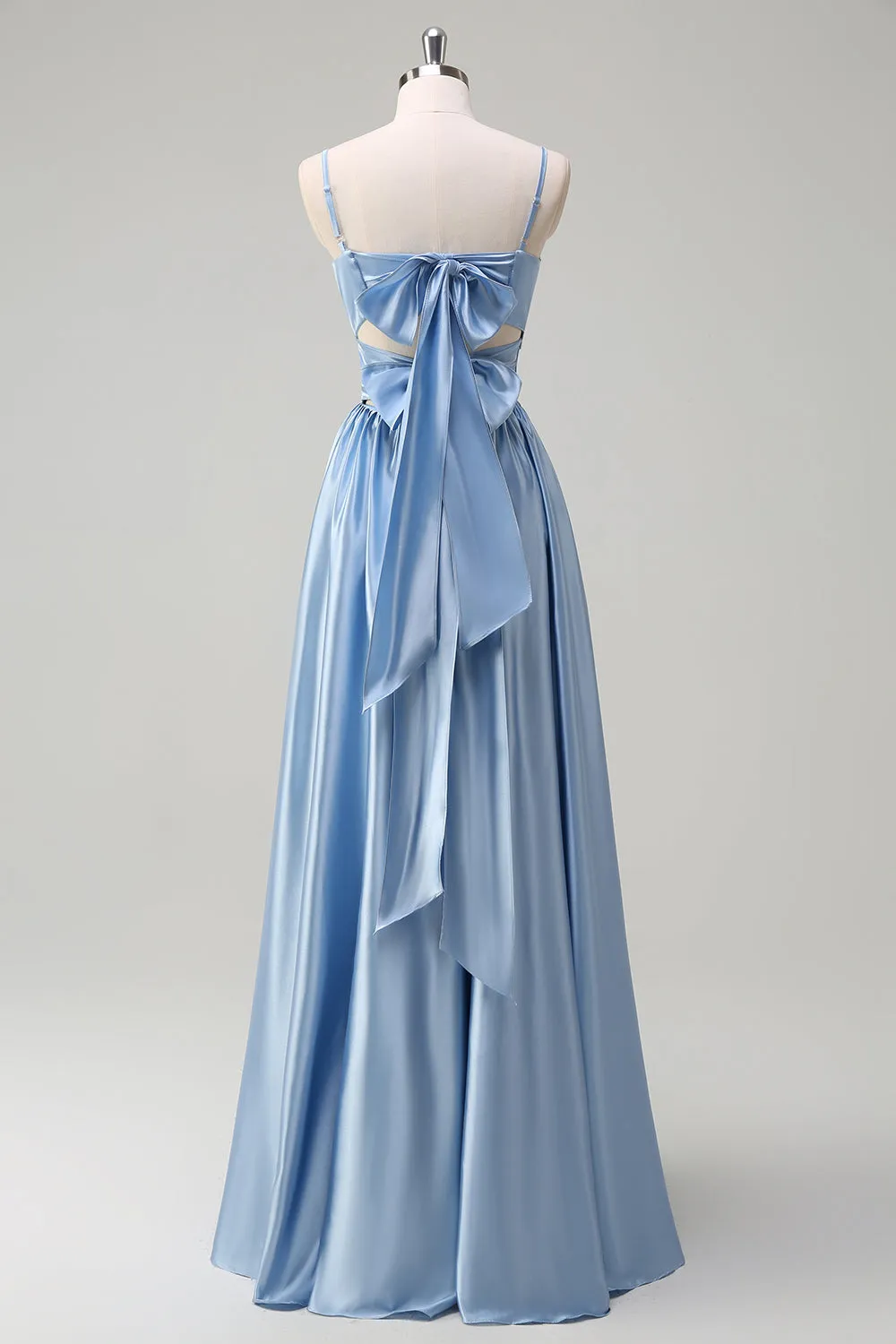 Sky Blue A Line Pleated Hollow Out Bridesmaid Dress with Bow